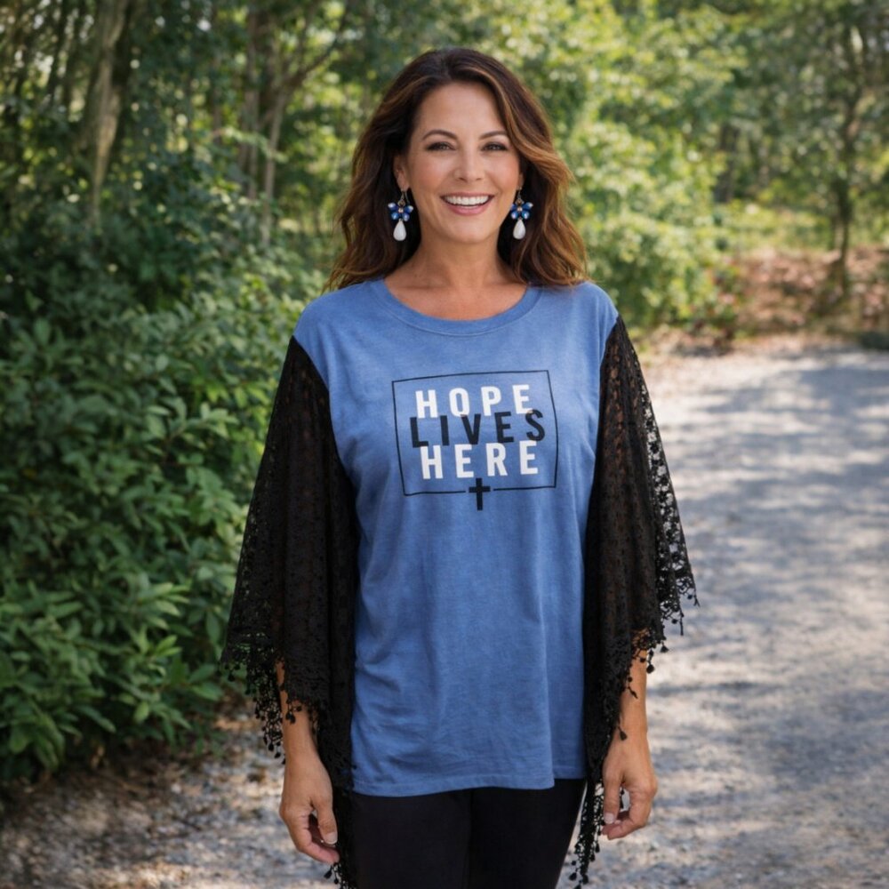 Upcycled T Shirt Poncho L Hope Lives Here Blue Black Inspirational